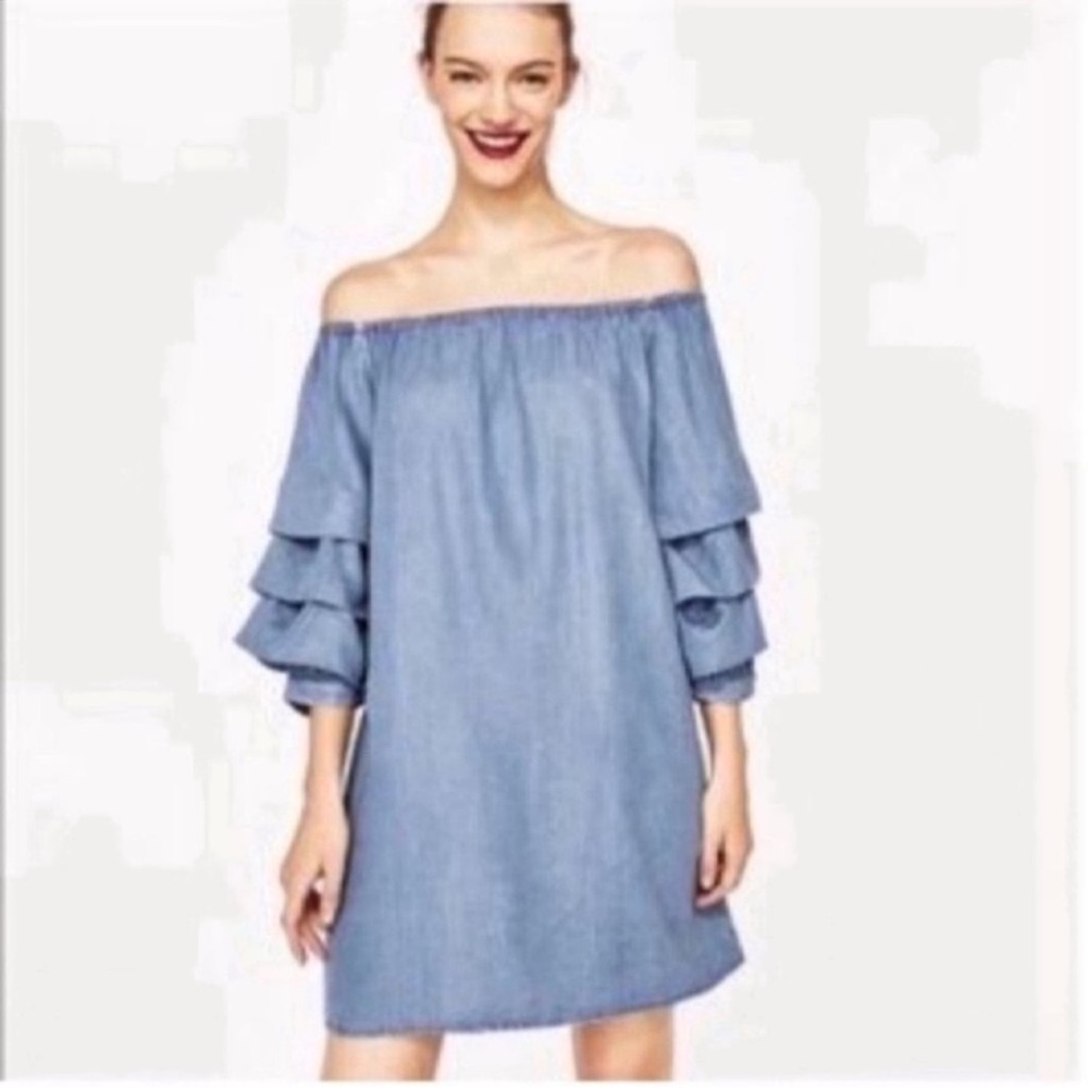 Zara Blue Chambray Bubble Sleeve Mini Dress axS NWOT - Picture 3 of 8